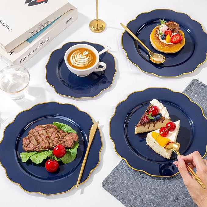 bUCLA 180PCS Blue Plastic Plates - Navy Blue and Gold Rim Disposable Include 30 Each (Dinner & Dessert) Plates, 30 Knives, 30 Forks, 30 Spoons and 30 Cups, Ideal for Party, Gathering & Graduation