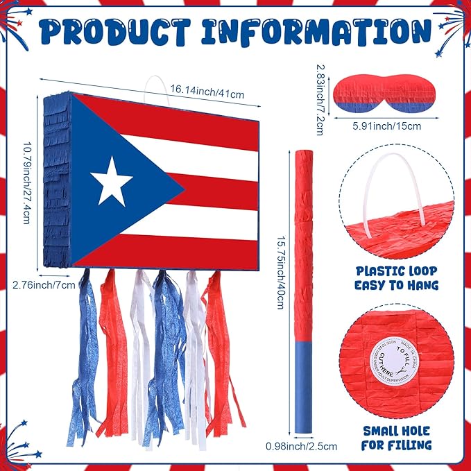 VioraWhite Puerto Rico Party Decorations Flag Piñata Red White Blue Small Piñata Set with Bat and Blindfold for Puerto Rican Birthday Party Games National Day Patriotic Festival Decor Supplies