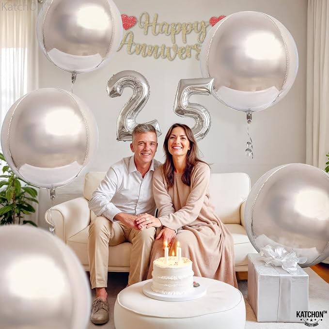 KatchOn, Metallic Silver Balloons - 22 Inch, Pack of 12 | 4D Round Mylar Balloons for Silver Birthday Party Decorations | 25th Anniversary Decorations, Engagement, Bridal Shower Decor