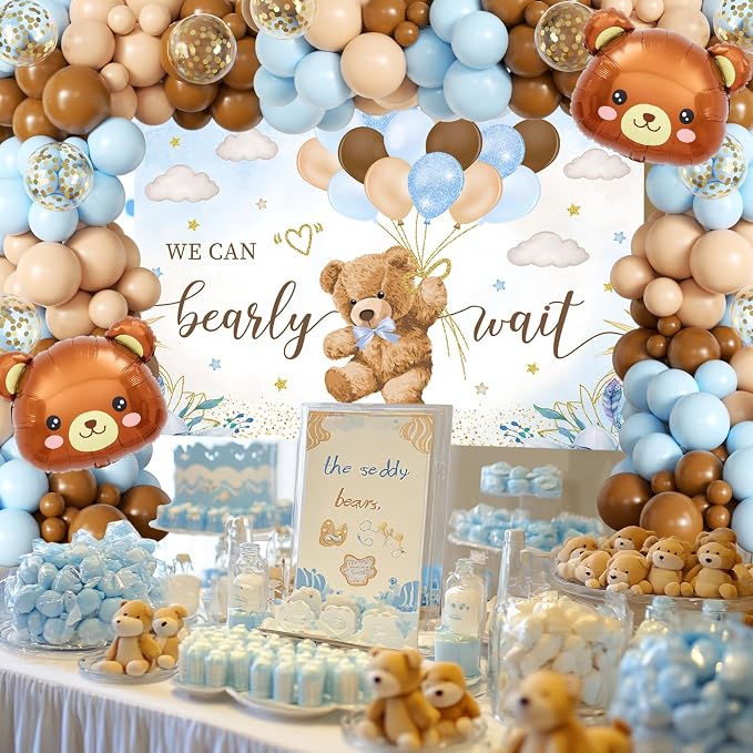 Blue Bear Baby Shower Decorations for Boy, 124pcs Bear Party Decorations with Blue and Brown Balloon Arch Kit, Backdrop, Wood Grain Baby Boxes for Boy Baby Shower Decor