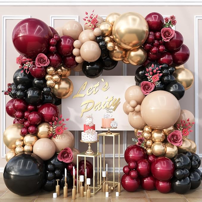 Double Stuffed Burgundy Gold Black Balloon Arch Kit, Maroon Nude Balloon Garland Kit Dark Red Apricot Garnet Wine Red Latex Balloons for Graduation Birthday Anniversary Wedding Party Decorations