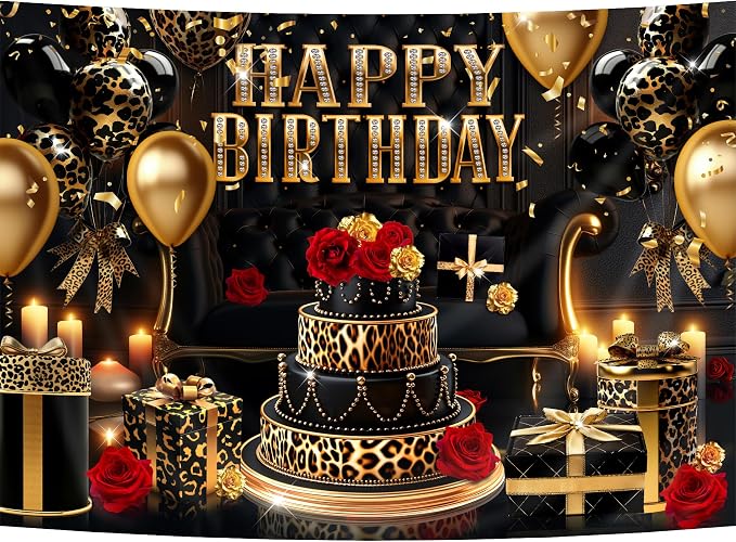 Happy Birthday Backdrop for Women 7Wx5H Feet Black Gold Leopard Print Cheetah Balloon Banner Decoration Red Rose Party Celebration Photography Background Photo Shoot Props Polyester Fabric