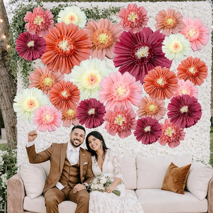 Giegxin 20 Pcs 31.5'', 23.6'', 11.8'', 9.8'' Pink Giant Paper Flower Boho Large Tissue Flower for Wall Pink Pom Pom Floral Decoration for Wall Wedding Bridal Shower Classroom Tea Party Birthday Decor