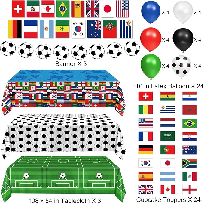 Soccer Birthday Party Decorations Includes Plates, Napkins, Cups, Banner, Hanging Swirls, Tablecloths, Balloons, Cupcake Toppers for 2026 Soccer Party Decorations, Serves 24