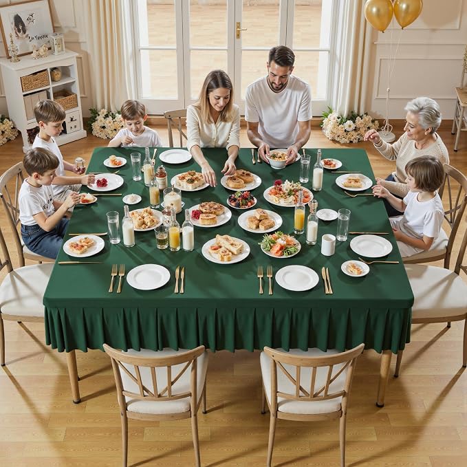Wish Care Hunter Green Spandex Tablecloths for 60x60 Inch Square Tables, Stretch Fitted Table Clothes with Pleated Ruffle Skirt for 60” Table, Wrinkle Free and Elastic, for Party Kitchen Home Dining