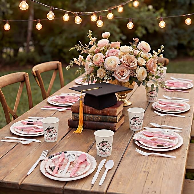 Yungyan 252 Pcs Pink Bow Graduation Cap Party Tableware Set Included Plates Napkins Cups Forks Knives Cutlery for Party Decorations Supplies 36 Guests
