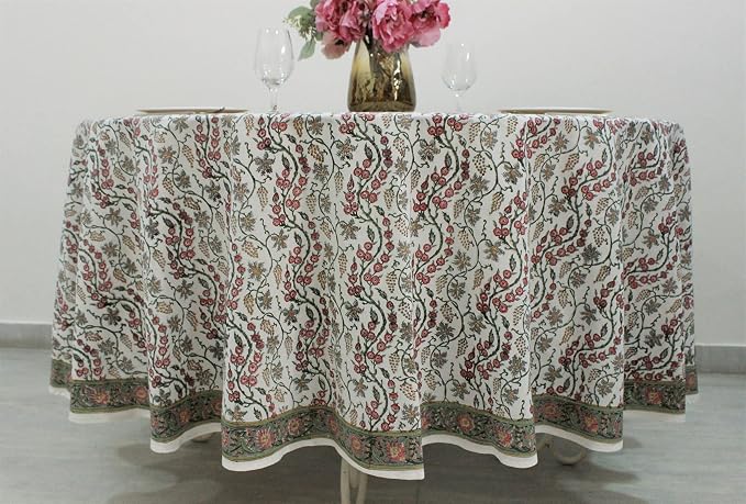 Ridhi Round Tablecloth Hand Block Print 100% Cotton Reusable Coral Pink Trails 120 Inch Table Cover Decorative Everyday Use for Dining, Home, Party, Wedding, Farmhouse Gift for Spring, Mother's Day