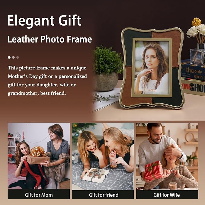 5x7 Metal Leather Picture Frame,Pretty Photo Frame with Gold Edge, Clear Glass Front, Unique Gifts for 3 Years of Marriage Couple Anniversary Graduation Horizontal&Vertical