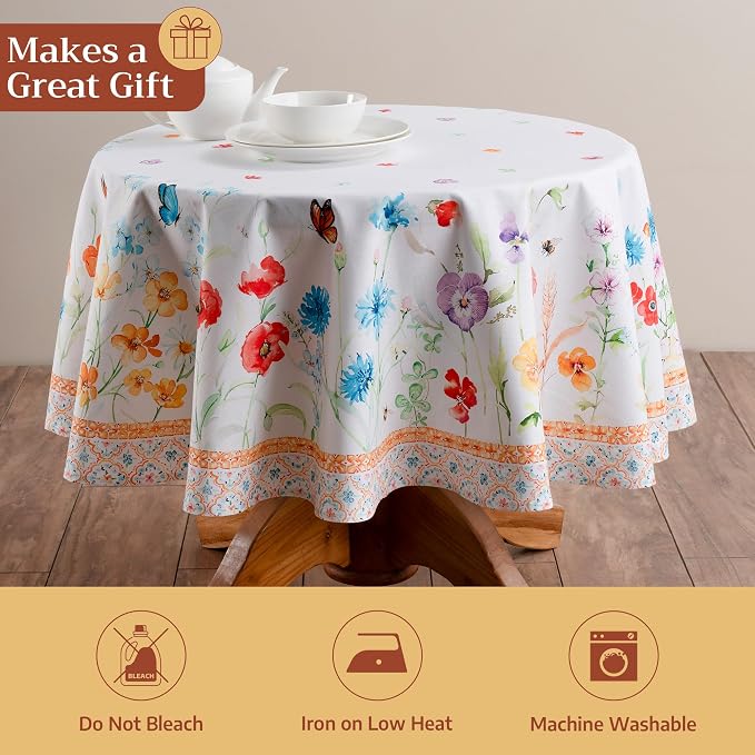 Maison d' Hermine Table Cloth Round Table 100% Cotton 63 Round Inches Tablecloth Reusable Decorative for Dining Kitchen Room Farmhouse Party Home Hotel Restaurant Spring Summer - Summer Whisper