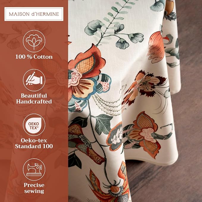 Maison d' Hermine Table Cloth Round Table 100% Cotton 63 Inches Fall Tablecloth Reusable Everyday Use for Thanksgiving Christmas Decorations Dining Farmhouse Party (Dalida)
