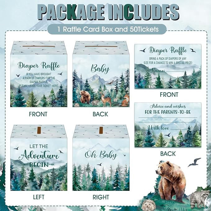 Teling 51 Pieces Diaper Raffle Tickets with Card Box Baby Shower Decorations Baby Shower Holder Box for Girl Boy Diaper Raffle Party(Let the Adventure Begin)