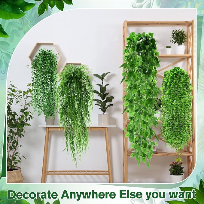Daifunli 24 Pcs Artificial Hanging Plants Fake Hanging Ferns Plastic Faux Plants for Wall Room Garden Garland Indoor Outdoor Decor No Basket (Boston,Eucalyptus,Ivy Vine,String of Pearls)