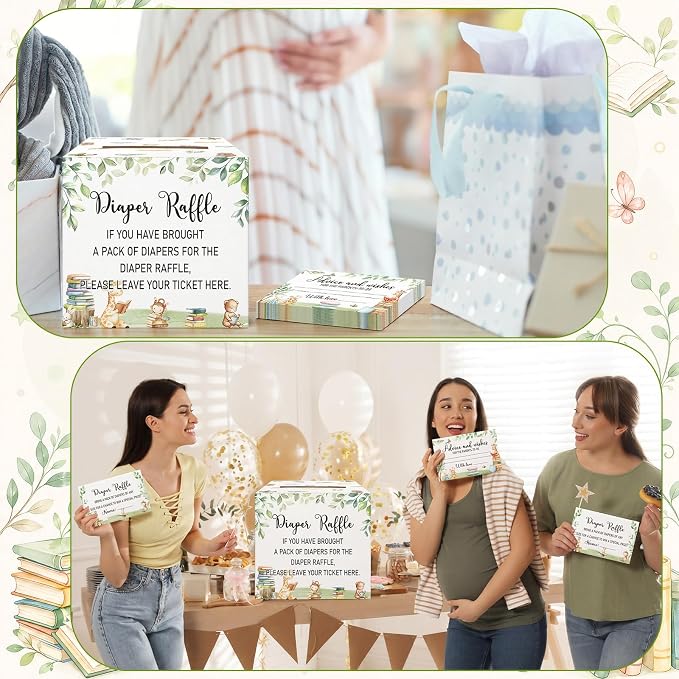 Teling 51 Pieces Diaper Raffle Tickets with Card Box Baby Shower Decorations Gender Reveal Holder Box for Girl Boy Diaper Raffle Party(A New Chapter Will Soon Begin,Storybook)