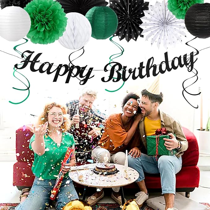 Black Green White Birthday Party-Decorations - 21pcs Boys Men Happy Birthday Banner,Paper Streamers Lanterns Honeycomb,Flower Tissue Pom Poms Fan Supplies Decor Huglony