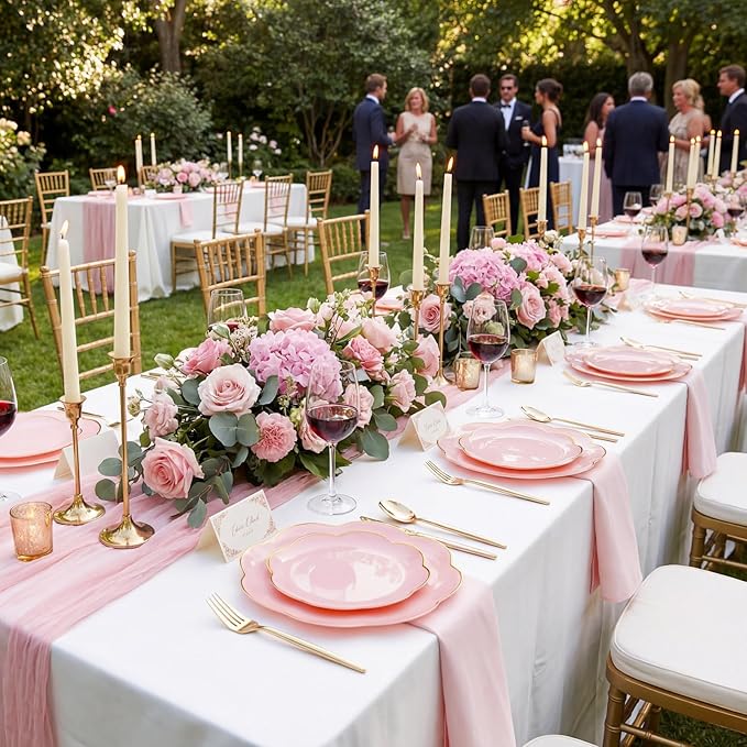 supernal 60pcs Pink Scalloped Plastic Plates with Gold Rim,Heavy Duty Plastic Disposable Plates Includes:30 Dinner and 30 Dessert Plate Perfect for Wedding, Bridal Shower, Mother's Day&Parties