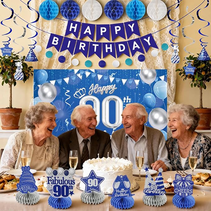 Happy Birthday Party Decoration Set: Including Birthday Banner Backdrop, Party Table Centerpieces and Hanging Swirl Party Streamers, Birthday Decor Suppliers for Men and Women (Blue, 90th Birthday)