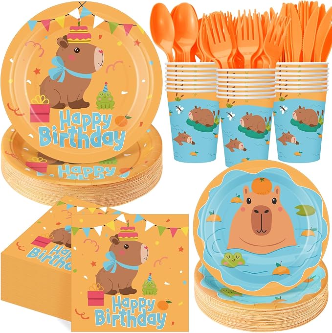 Pickmesh 400 Pcs Capybara Birthday Party Plates and Napkins Set, Capybara Paper Plates and Cups with Plastic Cutlery, Pumpkin Cute Animals Theme Disposable Tableware for Birthday Party Supplies