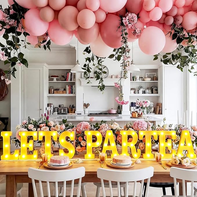 Honoson 10 Pcs Tea Party Birthday Decorations Lets Par Tea Lights Sign Decor Neon LED Lights Table Decoration for Birthday Girl Baby Shower Party Home Indoor Decor