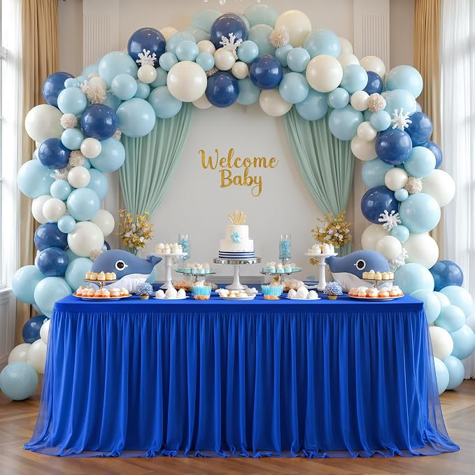 Suppromo Royal Blue Tulle Tablecloth for 4 Foot Rectangular Tables, 48 x 24 Inch White Rectangle Table Cloth, Wrinkle Free Table Cover with Tutu Skirt for Wedding Birthday Party Banquet Tablecover