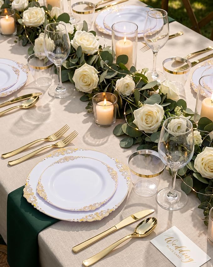 Nervure 600PCS Gold Plastic Dinnerware Set- White and Gold Disposable Plates for 100 Guests - 200 Disposable Plates, 300 Plastic Silverware, 100 Cups Perfect for Wedding & Party