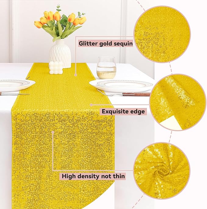 Sugargirl 10 Packs 12 x 72 inches Sequin Table Runner, Glitter Golden Yellow Table Runner for Birthday Party Supplies Wedding Holiday Celebration Event Decorations