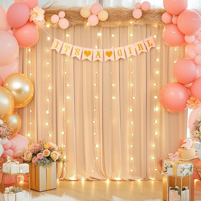 Dark Champagne Backdrop Curtains with Lights for Parties,10x10FT Wrinkle Free Polyester Wedding Photo Backdrop Curtains for Baby Shower Birthday Ceremony Reception Home Party Decorations-5ft x 10ft