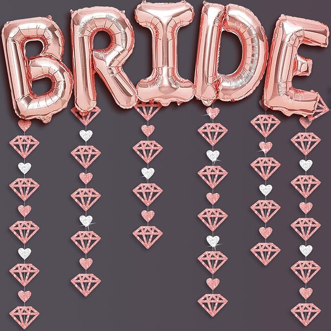 KatchOn, Giant Bride Balloons Rose Gold - 40 Inch | Rose Gold Diamond Garland - 13 Feet | Rose Gold Bride Balloons for Bridal Shower Decorations | Bridal Shower Banner, Bachelorette Party Decorations