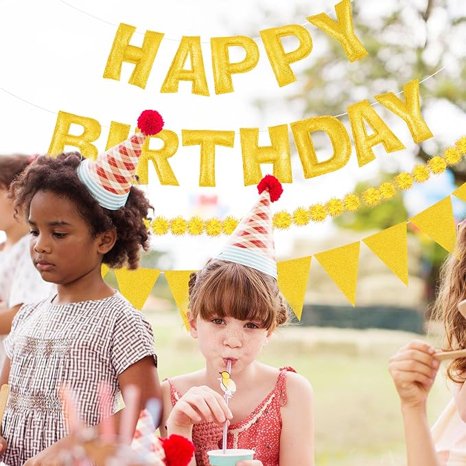 CANREVEL Pre-Strung 3D Happy Birthday Banner, 3 PCS Happy Birthday Garland Felt, Pom Pom Garland, Triangle Fabric Garland Bunting, Reusable Birthday Decorations for Women Men Girls Boys, Gold