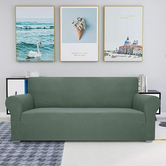 JIVINER High Stretch Couch Covers for 3 Cushion Couch 1-Piece Jacquard Elastic Sofa Slipcovers Anti Slip Sofa Cover with Elastic Bottom Furniture Protector for Kids Pets (Sofa, Pea Green)