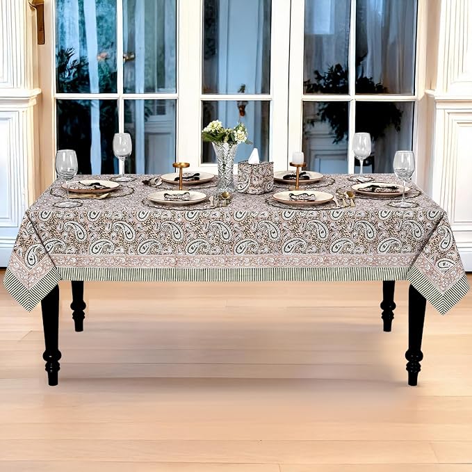 Ridhi Royal Beige Hand Block Print Cotton Rectangle Tablecloth 118" x 70" inches Reusable Table Cover Decorative Everyday Use for Dining Room, Farmhouse, Home Gift for Spring, Mother's Day