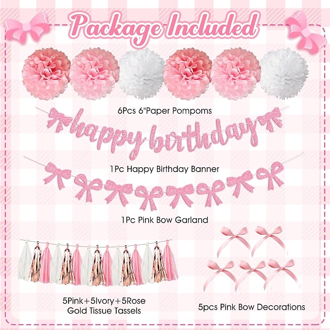 Pink Bow Birthday Party Decorations, Coquette Bow Light Pink and White Confetti Long Balloons Happy Birthday Banner Fringe Curtain Tassel Pompoms for Women Girls Theme Baby Shower Party Supplies
