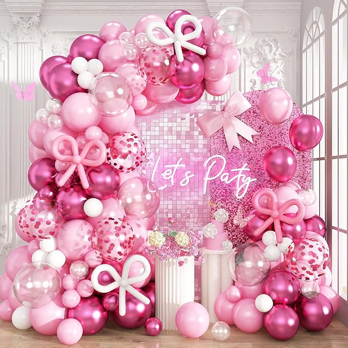 Pink Balloon Garland Arch Kit, 103 PCS Metallic Hot Light Baby Pink and Clear Balloon Bow Balloons for Girls Birthday Princess Baby Shower Wedding Party Decorations