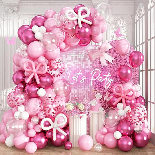 Pink Balloon Garland Arch Kit, 103 PCS Metallic Hot Light Baby Pink and Clear Balloon Bow Balloons for Girls Birthday Princess Baby Shower Wedding Party Decorations