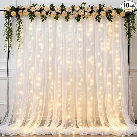 Ledido 4 Pack 10×8ft White Tulle Backdrop Curtains with Lights String - 1200LED Fairy Lights Sheer Curtain Backdrop for Wedding Baby Shower Photo Shoot Birthday Party Decoration(8 Panels 5×8ft)，White