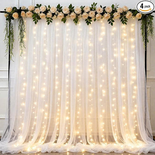 Ledido 2 Pack 10×10ft White Tulle Backdrop Curtains with Lights String - 600LED Fairy Lights Sheer Curtain Backdrop for Wedding Baby Shower Photo Shoot Birthday Party Decoration(4 Panels 5×10ft)，White