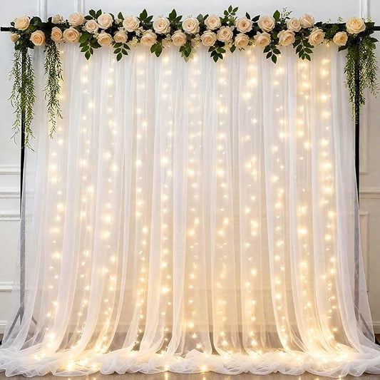Ledido 4 Pack 10×10ft White Tulle Backdrop Curtains with Light String - 1200LED Fairy Lights Sheer Curtain Backdrop for Wedding Baby Shower Photo Shoot Birthday Party Decoration(8 Panels 5×10ft)，White