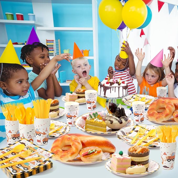 Uiifan 350 Pcs Construction Party Supplies Set Include 100 Plates 50 Paper Cups 50 Napkins 150 Plastic Silverware For 50 Guests Birthday Party Decorations Disposable Dinnerware Set (Dark Yellow)