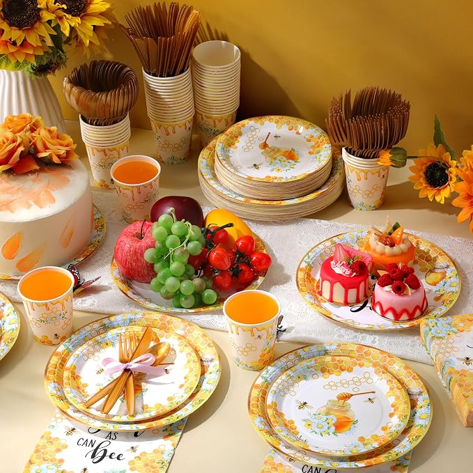 Ziliny 350 Pcs Baby Shower Party Supplies Sweet as Can Bee Paper Plates Napkins Cups and Plastic Cutlery Party Tableware Set for Honey Baby Shower Birthday Decorations, Serves 50