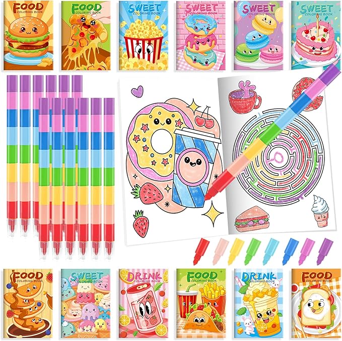 BenLouis 24 Fast Food Mini Coloring Books Kids with 24 Stacking Crayons Snacks Donut Pizza Party Favors Activity Books Bulk for Kids Delicious Fast Food Goodie Bag Gift Stuffer Classroom Reward