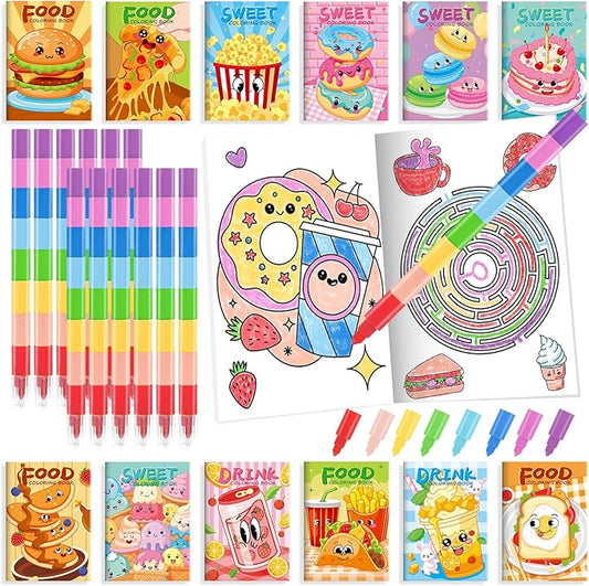 BenLouis 24 Fast Food Mini Coloring Books Kids with 24 Stacking Crayons Snacks Donut Pizza Party Favors Activity Books Bulk for Kids Delicious Fast Food Goodie Bag Gift Stuffer Classroom Reward
