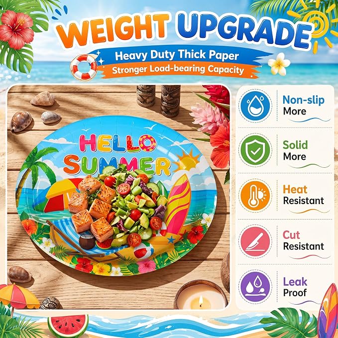 Pajean 350 Pcs Beach Party Decorations 12 in Disposable Oval Hello Summer Plates Napkins Summer Pool Beach Heavy Duty Paper Tableware Set for 50 Guests Hawaiian Birthday Pool Party Supplies