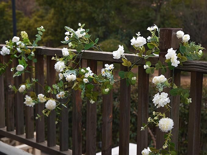 MISSPIN 5.9Ft Eucalyptus Garland with Flowers, Artificial Fake Flower Greenery Spring Garland for Baby Shower Wedding Mantle Table Centerpiece Spring Decor