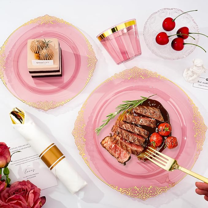 700 PCS Burgundy and Gold Plastic Plates, Disposable Dinnerware Set for 100 Guests, 200 Disposable Plates, 300 Silverwares, 100 Cups, 100 Napkins for Wedding, Party, Graduation