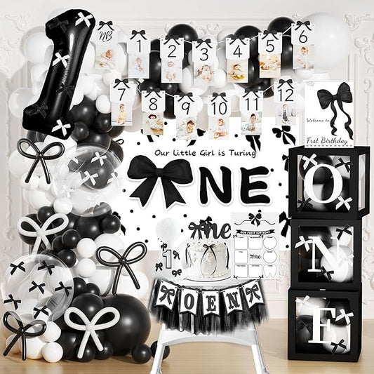 Black Coquette Bow First Birthday Decorations, Girls Just Wanna Be One Birthday Decorations with Bow Ribbon Backdrop High Chair Banner Photo Cards Milestone Welcome Poster Cake Topper Balloon Boxes