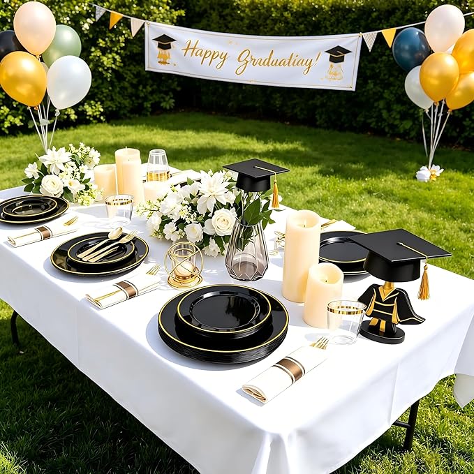 SUT 175 Pcs Black and Gold Plastic Dinnerware Set for 25 Guests, Include: 25 Dinner Plates, 25 Dessert Plates, 25 Pre Rolled Napkins With Silverware, 25 Cups, Disposable Plates for Party