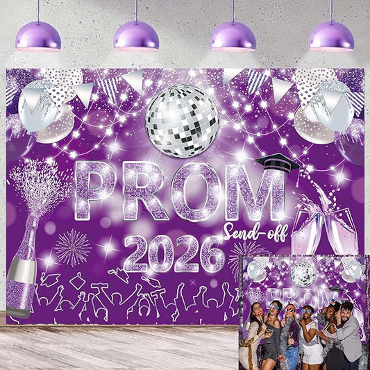 2026 Graduation Prom Backdrop Celebration Graduation Purple Silver Glitter Disco Ball Prom Send Off Photography Background School Class of 2026 Prom Night Party Decor Banner (Purple Silver, 10x8F)