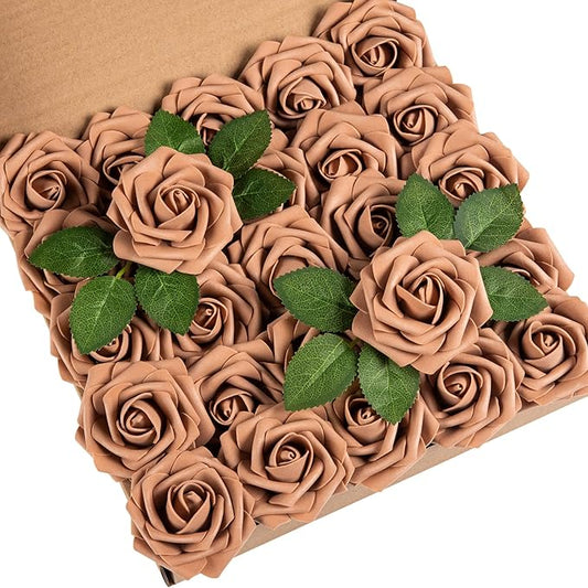 DuHouse 25Pcs Artificial Roses Flowers Fake Roses with Stems Real Touch Foam Flowers for DIY Wedding Bouquet Party Centerpiece Floral Arrangement Party Home Decor (Coffee)