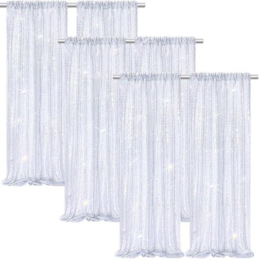 B-COOL 6 Panels Sequin Backdrop Curtains 2ftx8ft Laser Silver Sparkly Backdrop Fabric for Party Birthday Ceremony Stage Backgroumd Decorations