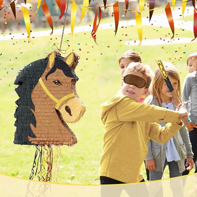 WERNNSAI Horse Piñata - Brown Horse Party Decorations Hanging Cowboy Piñata with Blindfold and Bat Western Cowboy Party Favors for Kids Boys Classroom Activities Kentucky Derby Games
