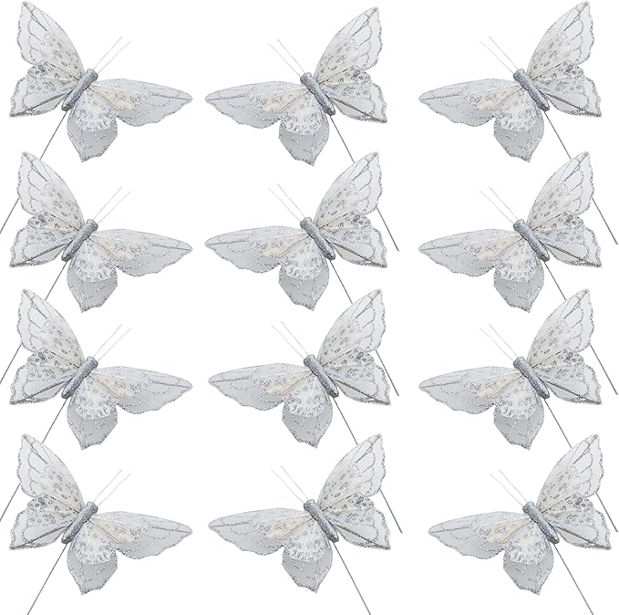 YCHTEWY- Artificial Butterfly for Decoration Silvery Ornament Tree Set of 12 with Wire Valentine's Day Gift Christmas and Wedding Decoration